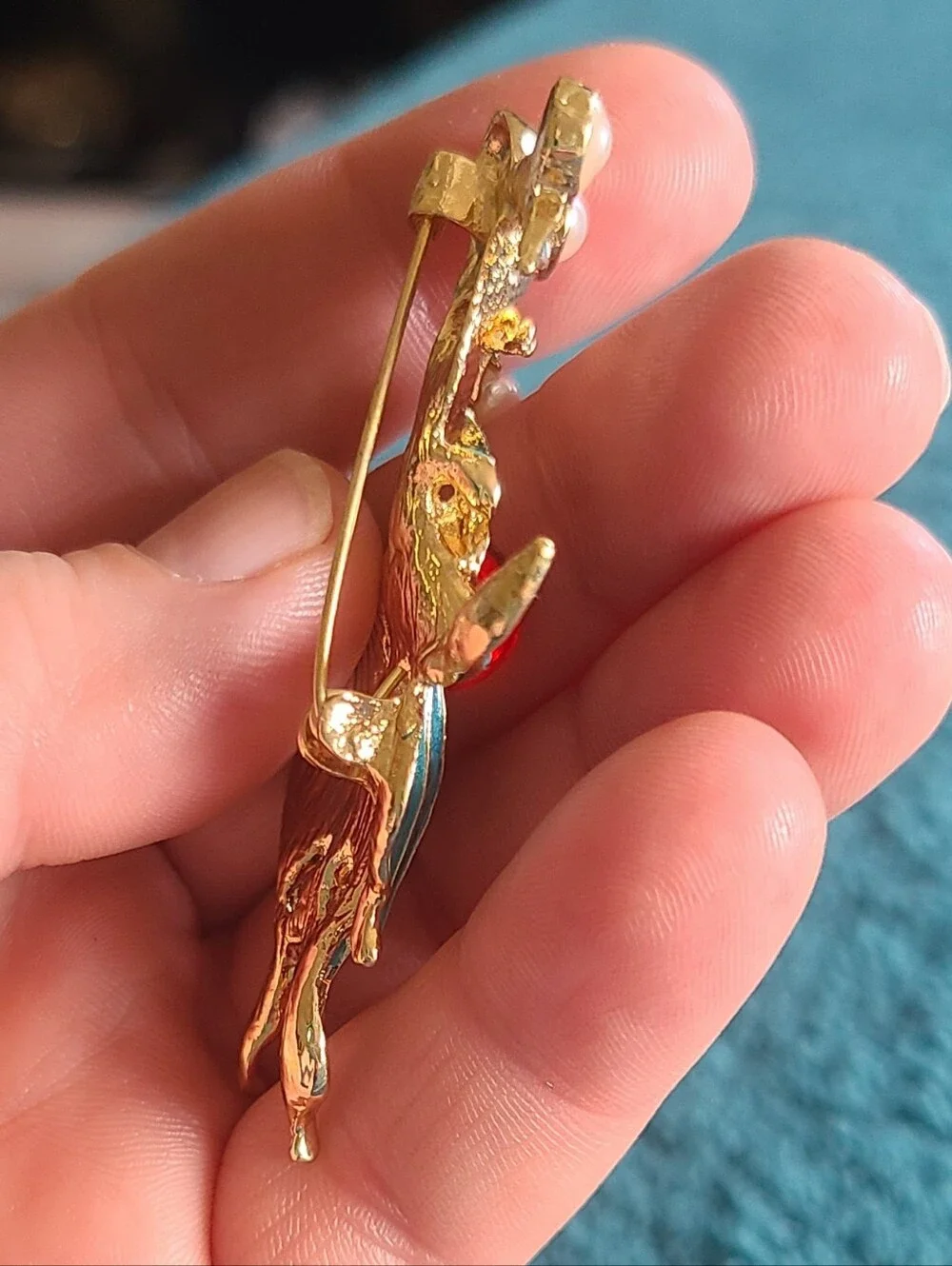 Vintage Gold-tone Teal Enamel Koi Brooch with Red Cabochon and Pearl Accents